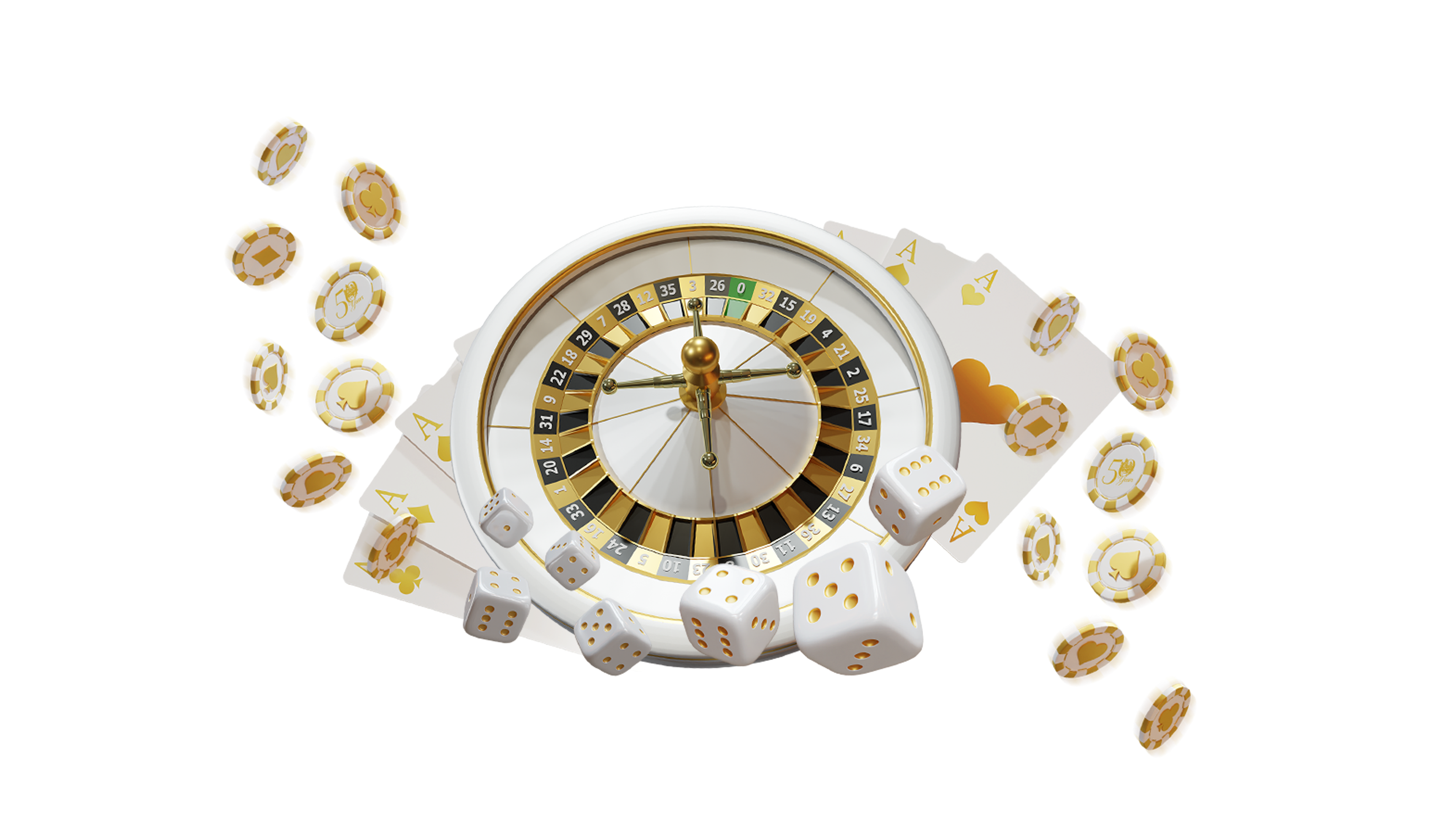 dice, chips, cards and roulette wheel